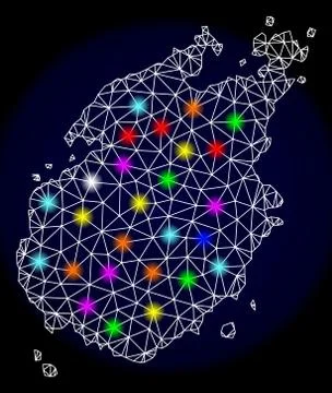 Polygonal Wire Frame Mesh Map of Paros Island with Colorful Light Spots 库存插图
