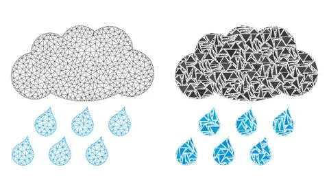 Polygonal Wire Frame Mesh Rain Cloud and Mosaic Icon 스톡 일러스트