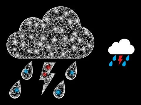 Polygonal Wire Frame Mesh Thunder Storm Cloud with Lightspots Illustrazione stock