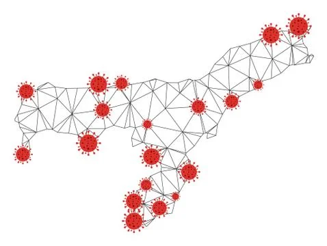 Polygonal Wire Frame Mesh Vector Assam State Map with Coronavirus Stockillustratie