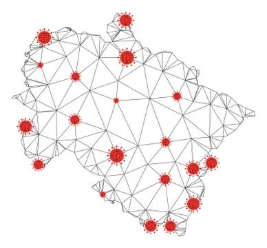 Polygonal Wire Frame Mesh Vector Uttarakhand State Map with Coronavirus Stockillustratie