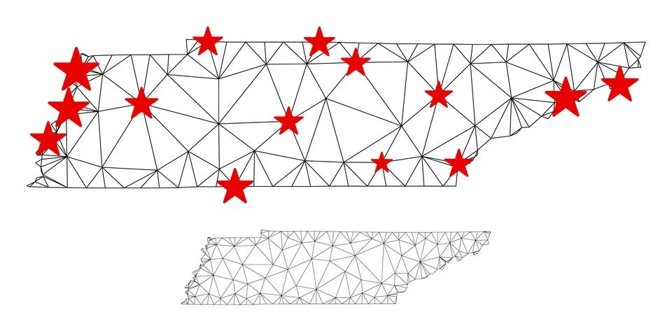 Polygonal Wire Frame Mesh Vector Tennessee State Map with Stars Stock Illustration