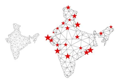 Polygonal Wire Frame Mesh Vector India Map with Stars Stockillustratie