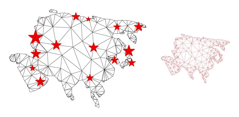 Polygonal Wire Frame Mesh Vector Asia Map with Stars Stockillustratie
