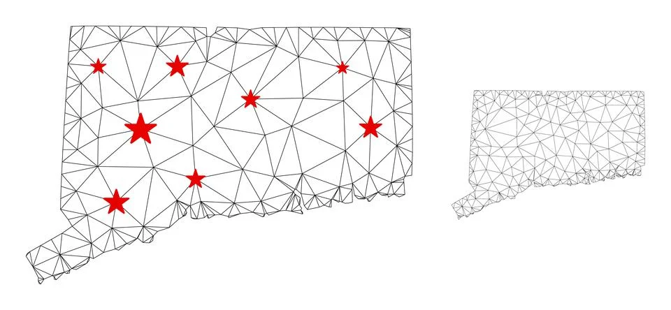 Polygonal Wire Frame Mesh Vector Connecticut State Map with Stars 스톡 일러스트
