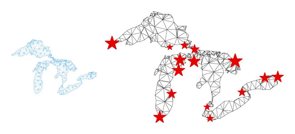 Polygonal Wire Frame Mesh Vector Great Lakes Map with Stars Stockillustratie