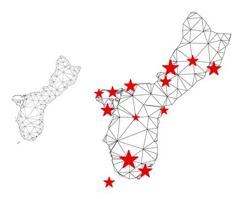 Polygonal Wire Frame Mesh Vector Guam Island Map with Stars Stock Illustration