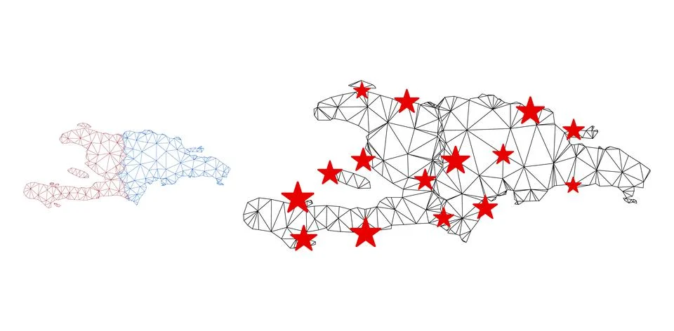 Polygonal Wire Frame Mesh Vector Haiti and Dominican Republic Map with Stars Stockillustratie