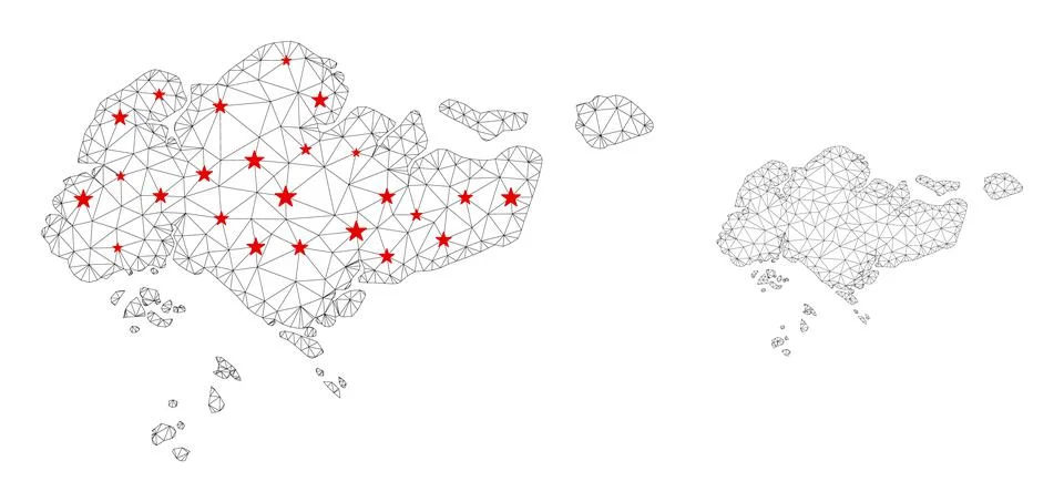 Polygonal Wire Frame Mesh Vector Singapore Map with Stars Stockillustratie