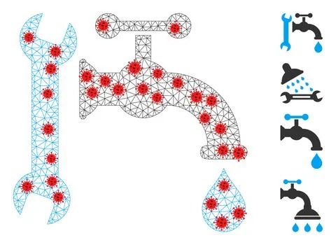 Polygonal Wire Frame Plumbing Icon with Covid Elements Stock Illustration