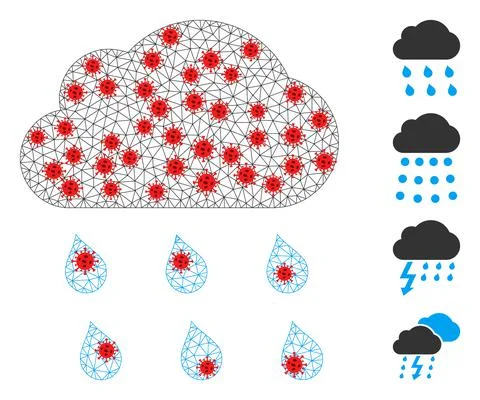 Polygonal Wire Frame Rain Cloud Icon with Virus Items Stock Illustration