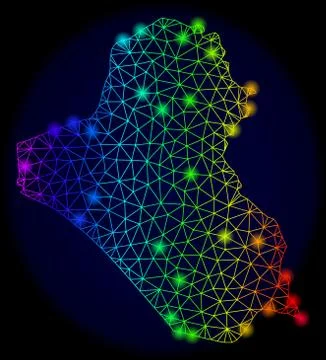 Polygonal Wire Frame Rainbow Mesh Vector Map of Iraq with Bright Glowing Spots Stock Illustration