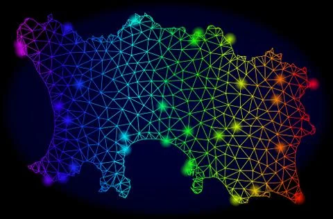 Polygonal Wire Frame Rainbow Mesh Vector Map of Jersey Island with Bright Light Stock Illustration