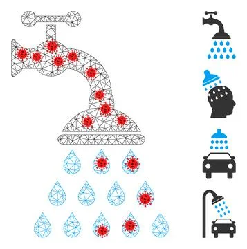 Polygonal Wire Frame Shower Tap Icon with Infection Elements 스톡 일러스트