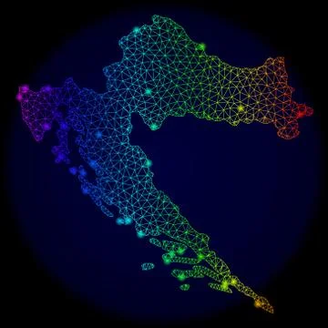 Polygonal Wire Frame Spectrum Mesh Vector Map of Croatia with Color Glowing Stock-Illustration