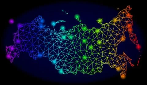 Polygonal Wire Frame Spectrum Mesh Vector Map of Russia with Colorful Glow Spots イラスト素材
