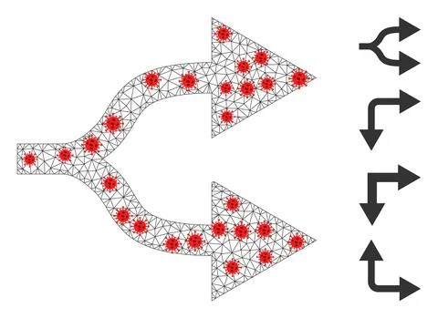 Polygonal Wire Frame Split Arrows Right Pictogram with Virus Elements Illustrazione stock