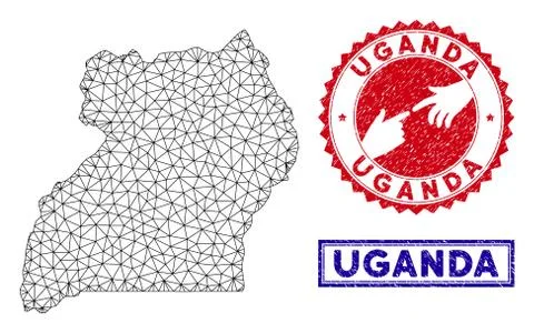 Polygonal Wire Frame Uganda Map and Grunge Stamps Stock Illustration