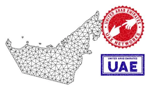 Polygonal Wire Frame United Arab Emirates Map and Grunge Stamps Stock Illustration