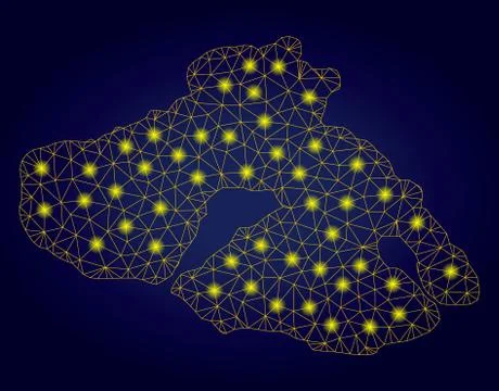 Polygonal Wire Frame Yellow Lesbos Island Map with Bright Light Spots Stock Illustration