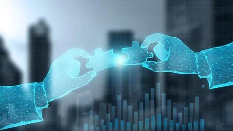 Polygonal wireframe hands connecting glowing jigsaw puzzle pieces over a bl.. Stock Photos