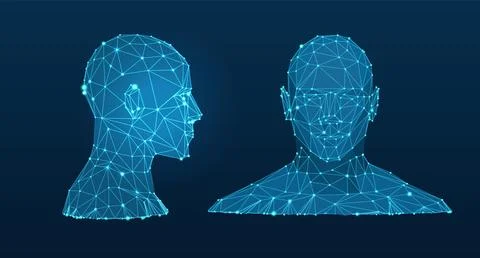 Polygonal wireframe vector set, biometric technology digital face blue side and Stock Illustration