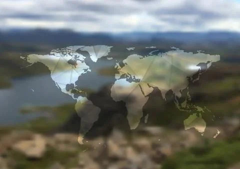 Polygonal world map on blurred landscape background Stock Illustration