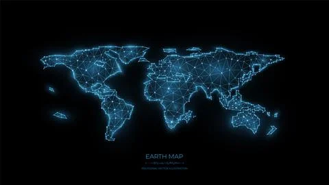 Polygonal world map vector illustration on black background. The concept of g Stock Illustration