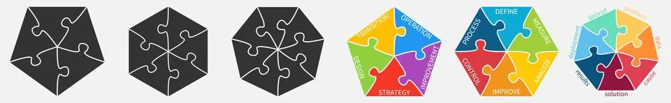 Polygons, five to seven sides, divided into jigsaw puzzle pieces - simple i.. Stock Illustration