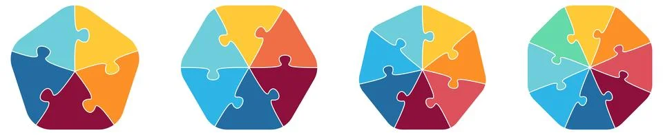 Polygons with rounded corners, five to eight sides, divided into jigsaw puz.. イラスト素材