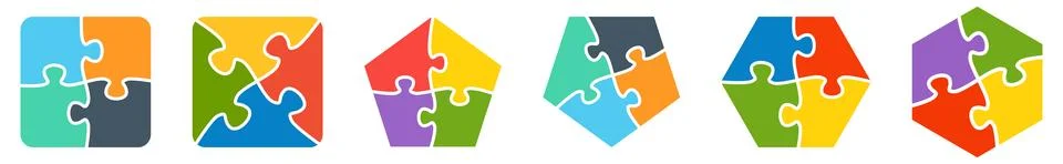 Polygons, square to six sides, divided into four jigsaw puzzle pieces - sim.. Stock Illustration