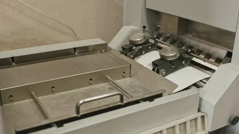 Polygraph process inside - folding machine on printing industry - the sheets of Stock Footage 69126912