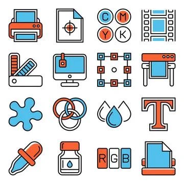 Polygraphy and Print Icons Set on White Background. Vector Stock Illustration