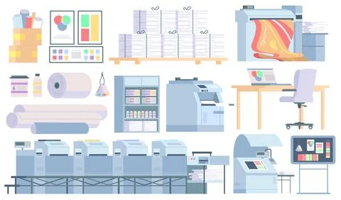 Polygraphy equipment set for publishing industry and production Stock Illustration