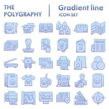Polygraphy flat icon set, printing symbols collection, vector sketches, logo Illustrazione stock