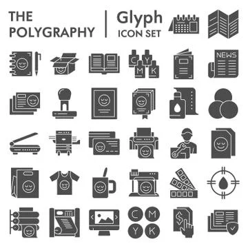 Polygraphy glyph icon set, printing symbols collection, vector sketches, logo Stockillustratie