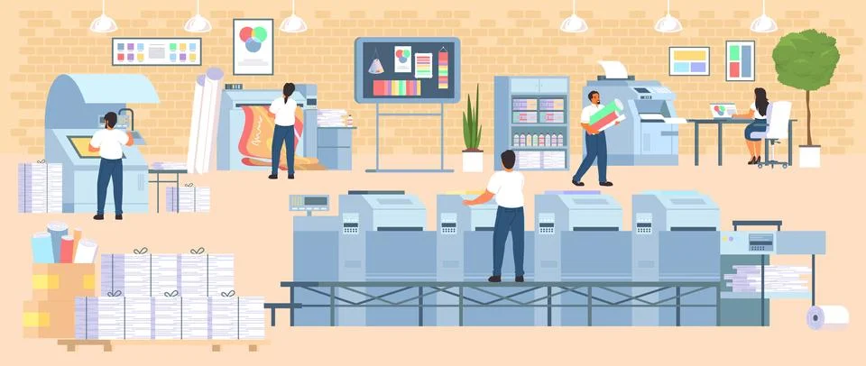 Polygraphy industry with various type of printing machine vector illustration Stock Illustration