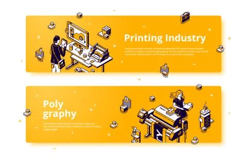 Polygraphy, printing house isometric web banner 스톡 일러스트