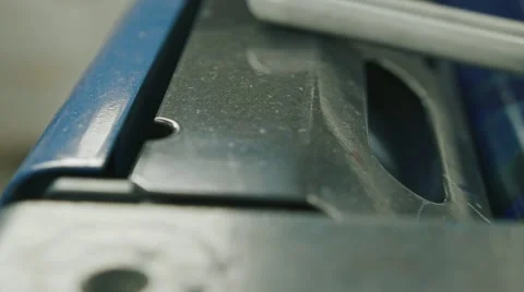 Polygraphy printing industry - blue paint on ink roller, extremelly close up Stock Footage 68385547