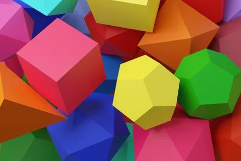 Polyhedra of different colors. Platonic solids. 3d illustration. Illustrazione stock