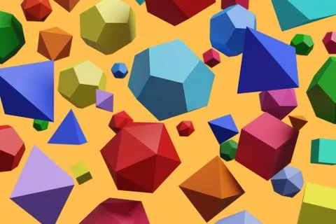 Polyhedra of different colors. Platonic solids. 3d illustration. Illustrazione stock