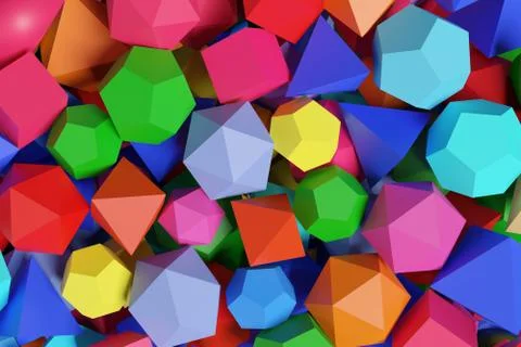 Polyhedra of different colors. Platonic solids. 3d illustration. Illustrazione stock