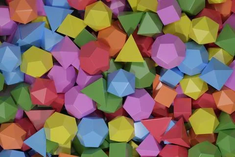 Polyhedra of different colors. Platonic solids backgound. 3d illustration. Illustrazione stock