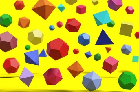 Polyhedra of different colors on yellow background. Platonic solids. 3d illus Illustrazione stock