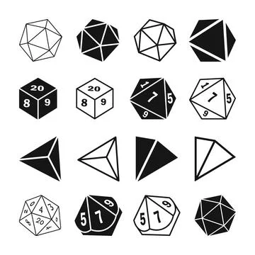 Polyhedral Dice Set Silhouette, D20 Dice Isometric SVG, Stock Illustration