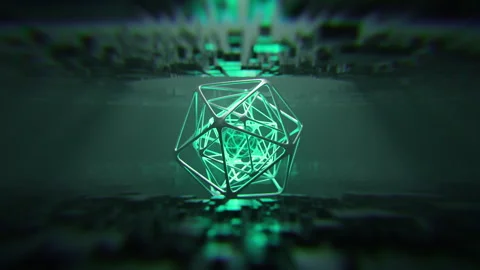 Polyhedron Geometry and a 3d Glowing globe in the middle in green Stock Footage 253584364