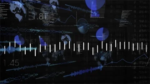 Polyline starting trace, equalizer bars pulsing and backdrop charts brightening Stock Footage 328485478