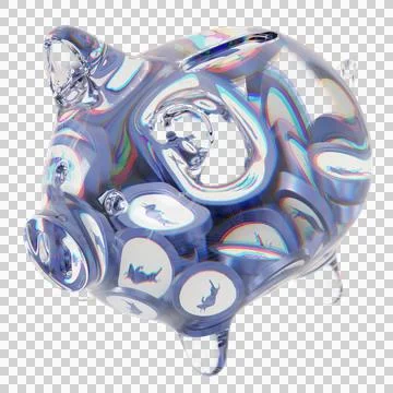 Polymath (POLY) Clear Glass piggy bank with decreasing piles of crypto coins 库存插图