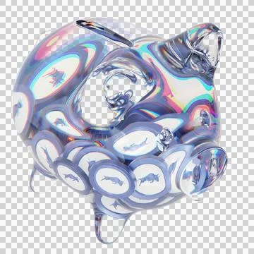 Polymath (POLY) Clear Glass piggy bank with decreasing piles of crypto coins 库存插图