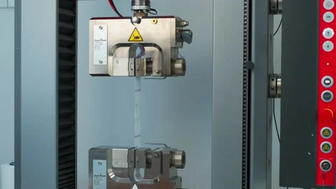 Polymer tape is installed to strength test machine in slow motion Stock Footage 202062189